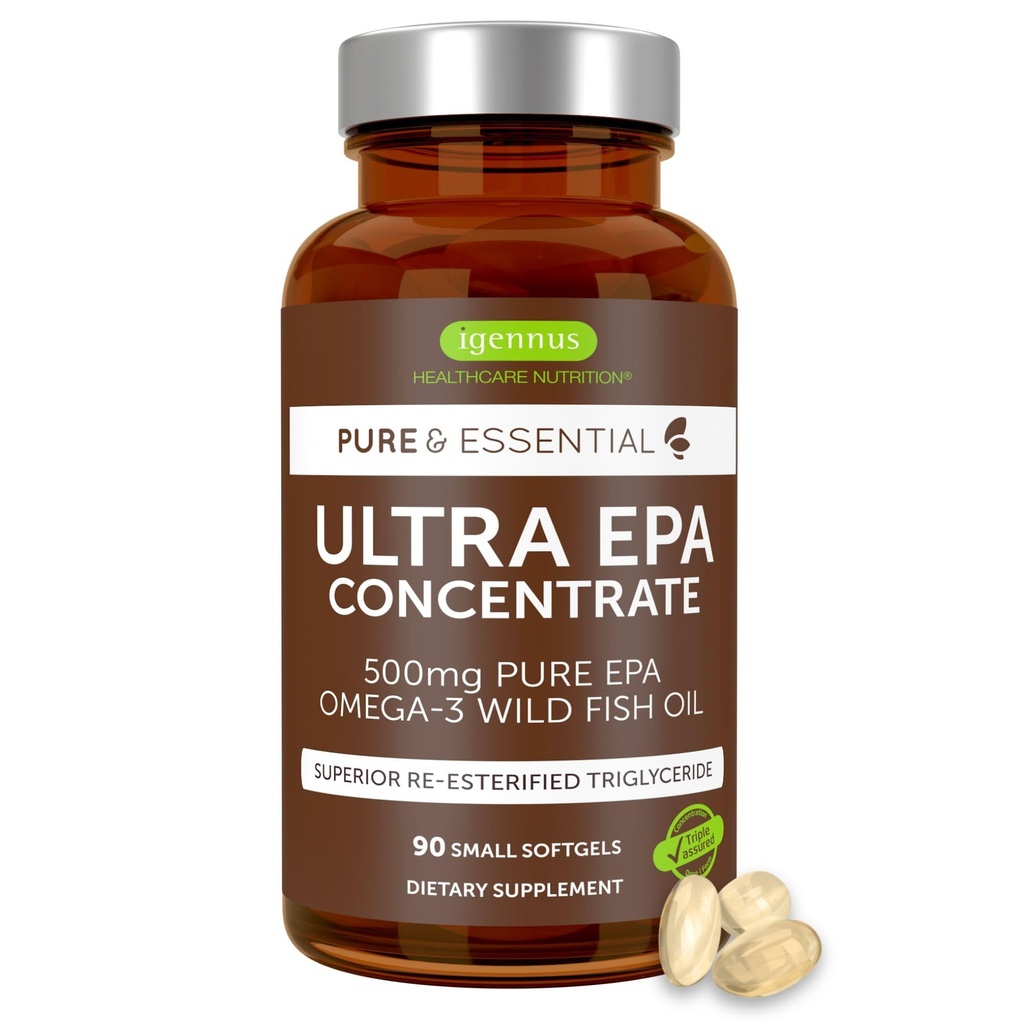 Igennus Ultra Pure אומגה 3 EPA 500 מ"ג, ריכוז גבוה של שמן דגים פרועים מוסמך IFOS, מתקדם rTG Triglyceride טופס, non-GMO, 90 Small Softgels