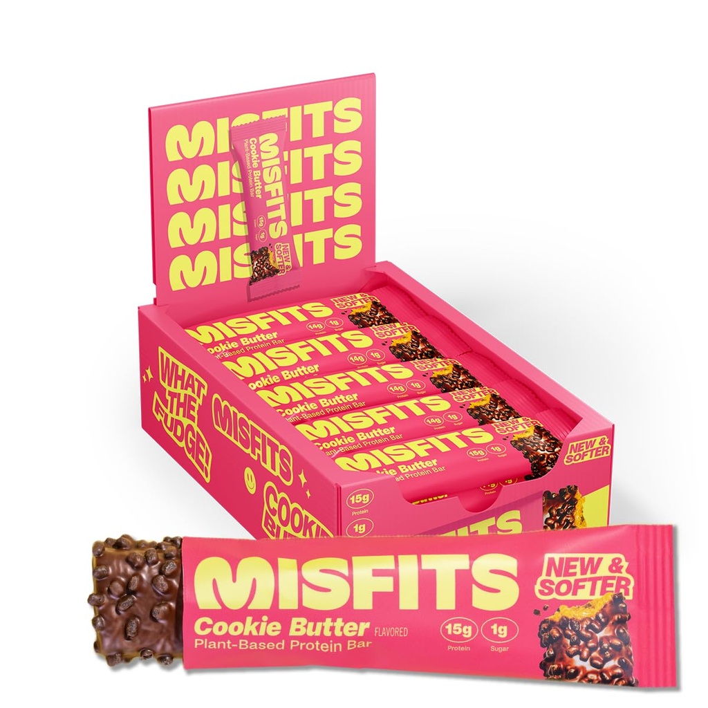 Misfits חלבון טבעוני Bars, Cookie Butter - מתכון מעודכנת | Plant Based, Low Sugar & Carb, High סיבים חטיפים | חבילת 15