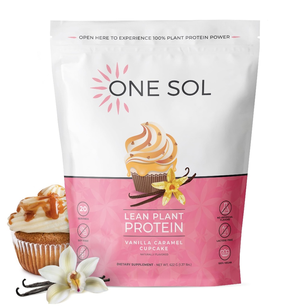 One Sol Lean Plant אבקת חלבון, Pea & Brown Rice חלבון, Low Carb, Friendly - Gluten, Lactose, & Soy Free - No added Sugar, non-GMO, תזונה נקייה, No Bloating (Vanilla Karamel Cup Cake)