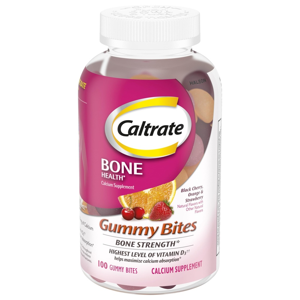 Caltrate Gummy Bites 500 מ"ג Calcium ותוסף ויטמין D, Black Cherry, Strawberry, כתום - 100 Count