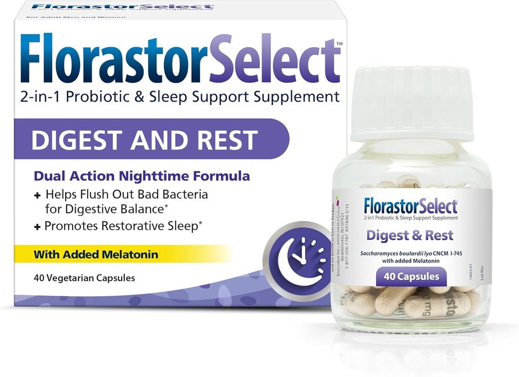 פלורה Probiotic Digest ומנוחה, Saccharomyces Boulardii Probiotici עם Melatonin (4mg), Natural Sleep Aid + Digestive Support, 40 קפסולות