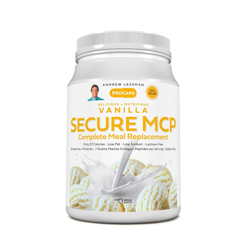 AndREW LESSMAN Secure MCP Complete Mealחליפו - Vanilla 30 משרתות - רק 57 קלוריות, Low-Fat, 7 Grams Marine Collagen Peptides, מקדם Smooth Soft Skin, להקות נוחות