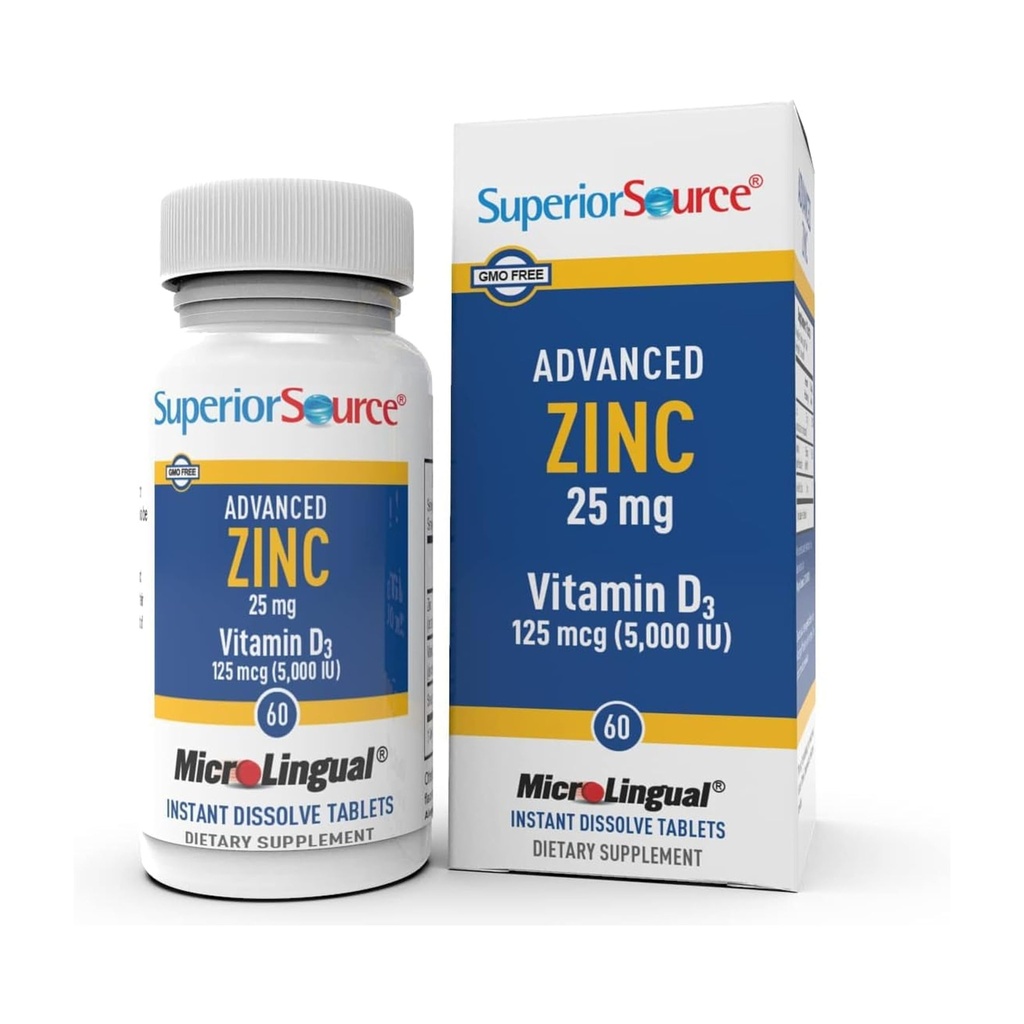 מקור גבוה מתקדם Zinc 25 מ"ג - כולל ויטמין D3 5000 IU - Premium Immune Support Supplement for Men & Women - Non-GMO & Gluten-Free - 60 טבליות microLingual Dissolvable