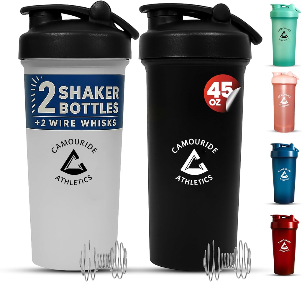 2 Pack 45 oz חלבונים Shaker Bottles with Wire Whisk - BPA-Free, Leak-Proof Shaker Cups forחלבון Shakes & Smoothies - בקבוק זיקוק מפלסטיק גדול - קלאסי לבן & חצות שחור