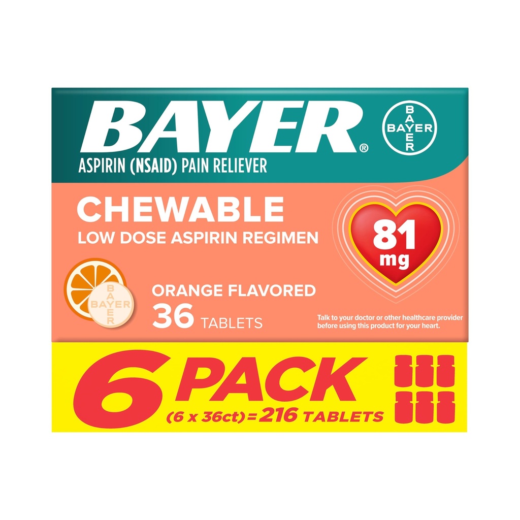 Bayer Aspirin Low Dose 81 מ"ג טבליות Chewable, Pain Reliever, Orange Flavored, 216 טבליות (6 Pack)