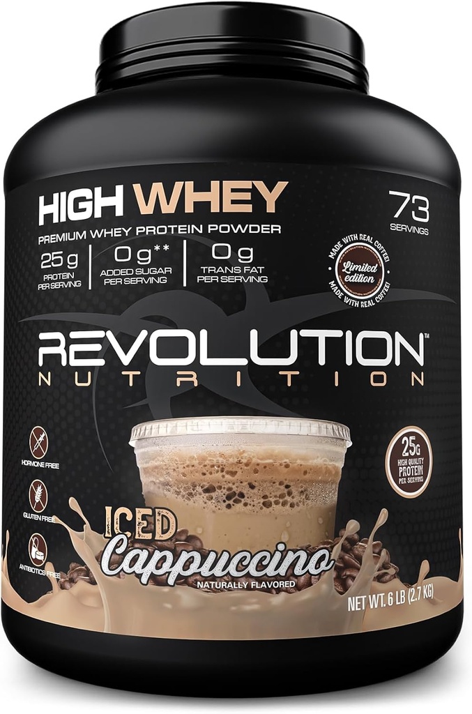 תזונה מהפכנית, High Whey, אבקת חלבון 6LB, Whey Isolate, Gluten Free, Lean שריר מס עבור גברים ונשים, 25g של חלבון Per Scoop, 2.7kg, 73 לשרתים (Iced Cappuccino, 6 פאונד)