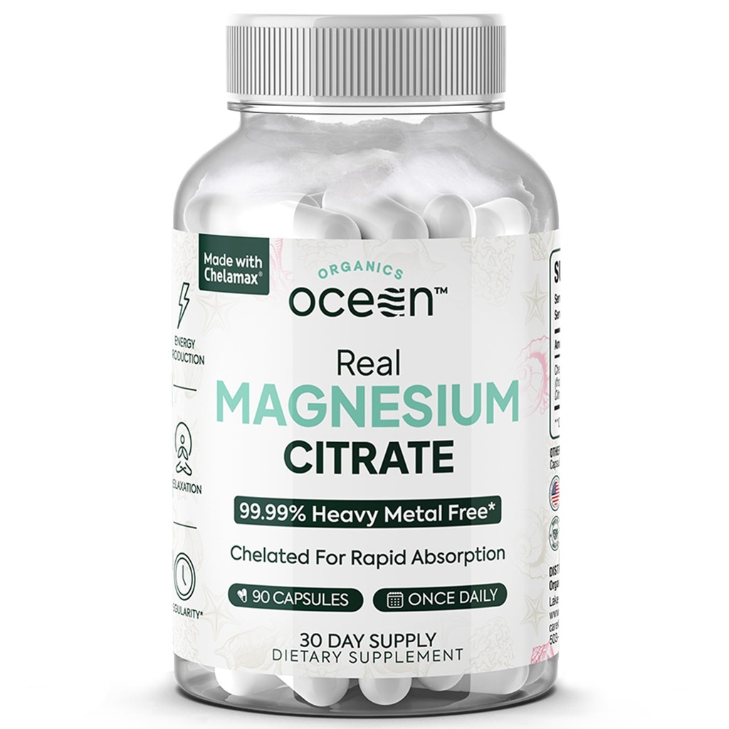 אורגנים Ocean Real Magnesium Citrate - High Absorption Magnesium תוסף - Chelated Magnesium כדי לתמוך באנרגיה, להרגעה ובשגרה
