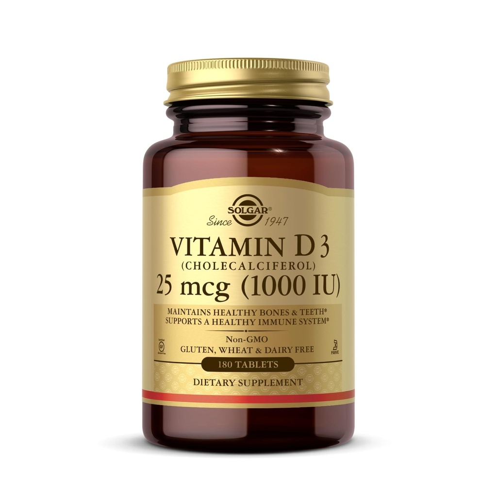 Solgar ויטמין D3 (Cholecalciferol) 25 mcg (1000 IU) - 180 טבליות - מסייע לשמור על עצמות בריאות ושיניים - תמיכה במערכת החיסון - Non-GMO, Gluten Free, חלב חינם, כשר - 180 משרתים - 180 לשרתים
