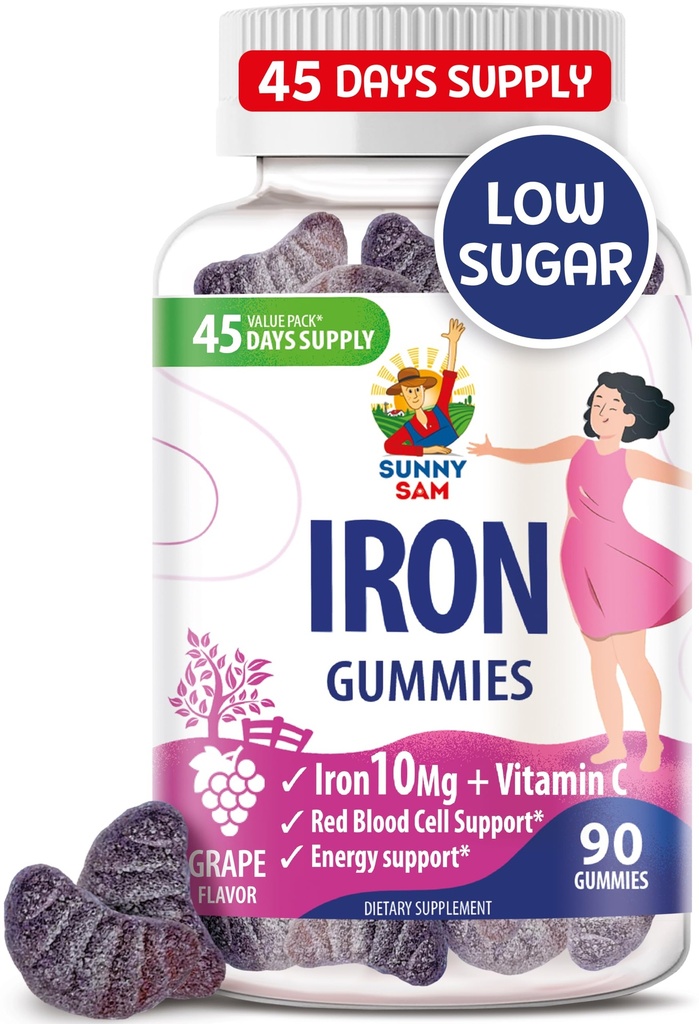 SunNY SAM Iron Gummies לילדים ומבוגרים - ויטמין ברזל עם ויטמין C, 10 מ"ג לשרת - Chewable פירות Gummy for Immune Support Red Blood Cell הפקה