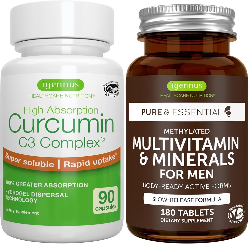 Multivitamin & מינרלים לגברים + High Absorption Curcumin C3 Complex, טבעוני Bundle, Sustained לשחרר Multivitamin + 300% Absorption Curcuminoids עם Rapid Uptake, על ידי Igennusssss.
