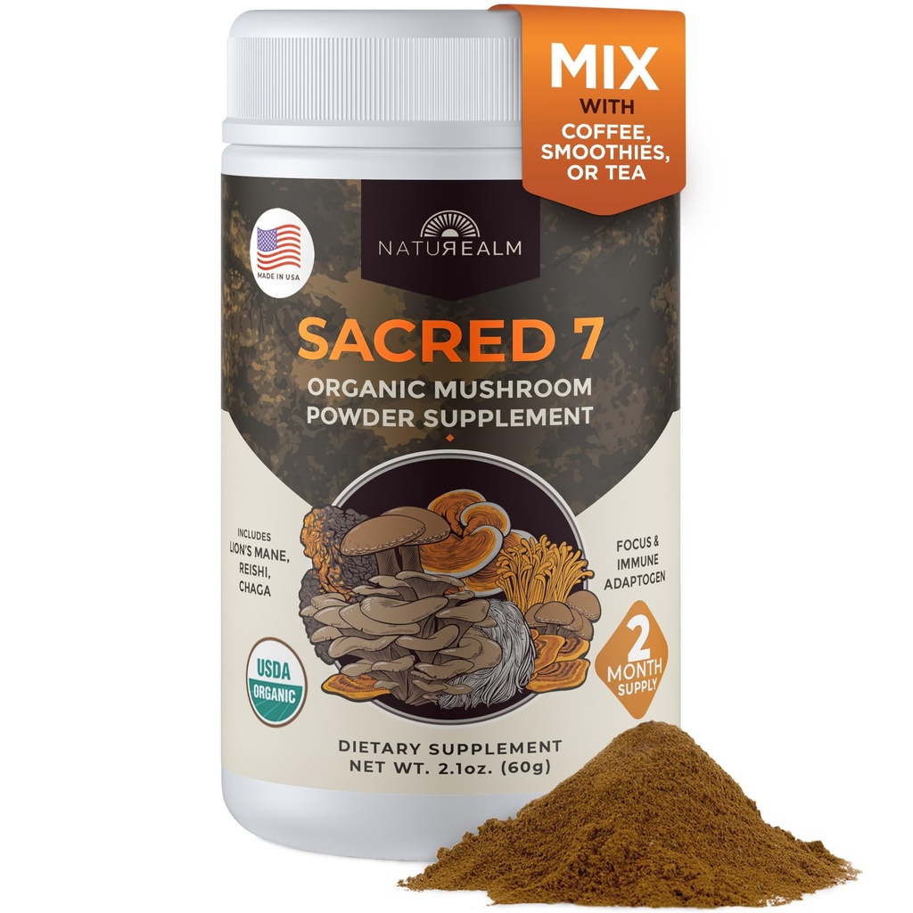 Naturealm Sacred 7 Organic Mushroom - 100% אבקת חילוף גוף עם אריות מאן, Reishi, Chaga & More | Nootropic & Immune תמיכה עבור קפה, תה, Smoothies - 60 משרתים