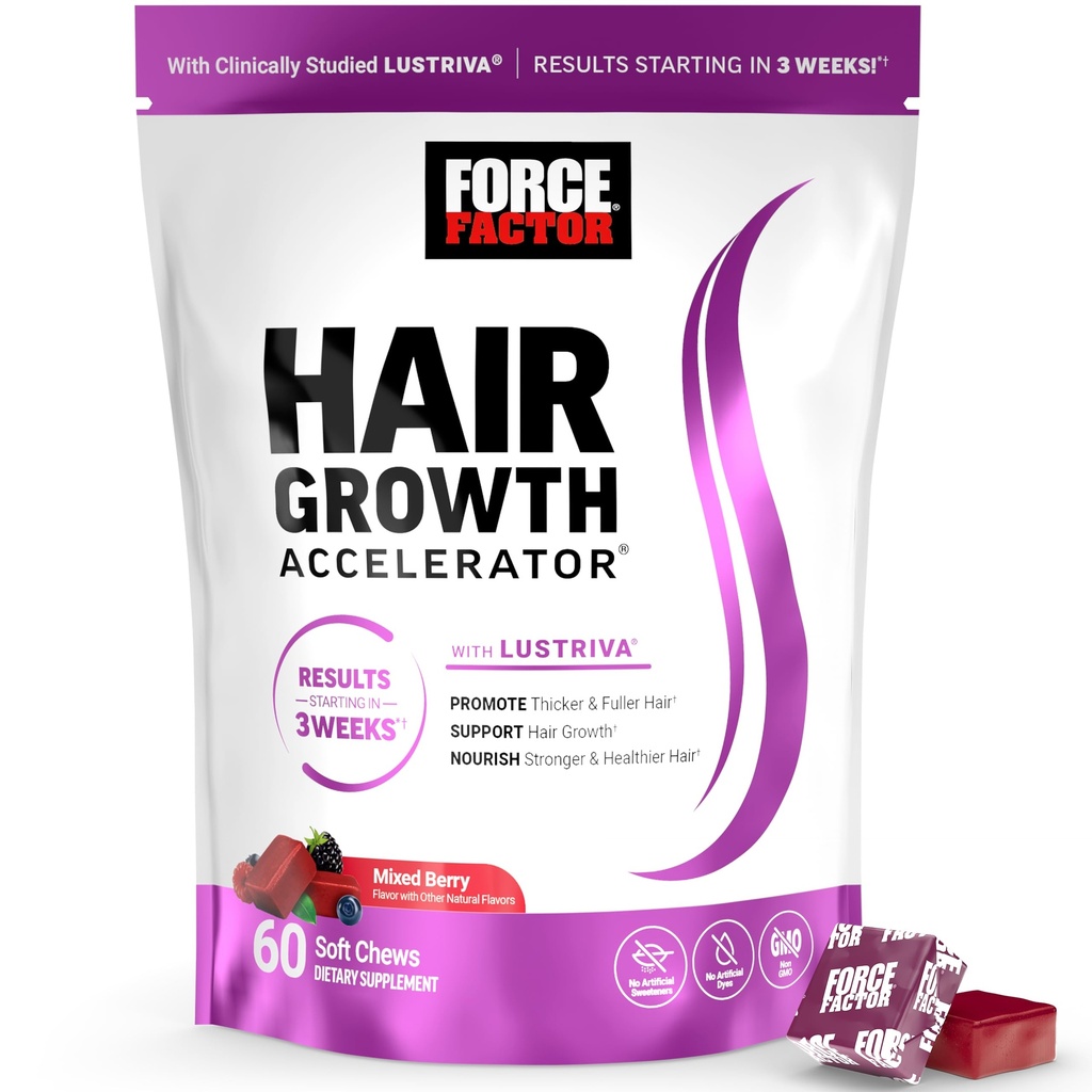 כוח גורם צמיחת שיער Accelerator Chews Soft, הורמון גדילה שיער לנשים וגברים עם קלינית למד Lustriva ו ביוטין, מקדם את Thicker, Fuller, חזק יותר שיער, מעורב ברי, 60 צ'יפס רך