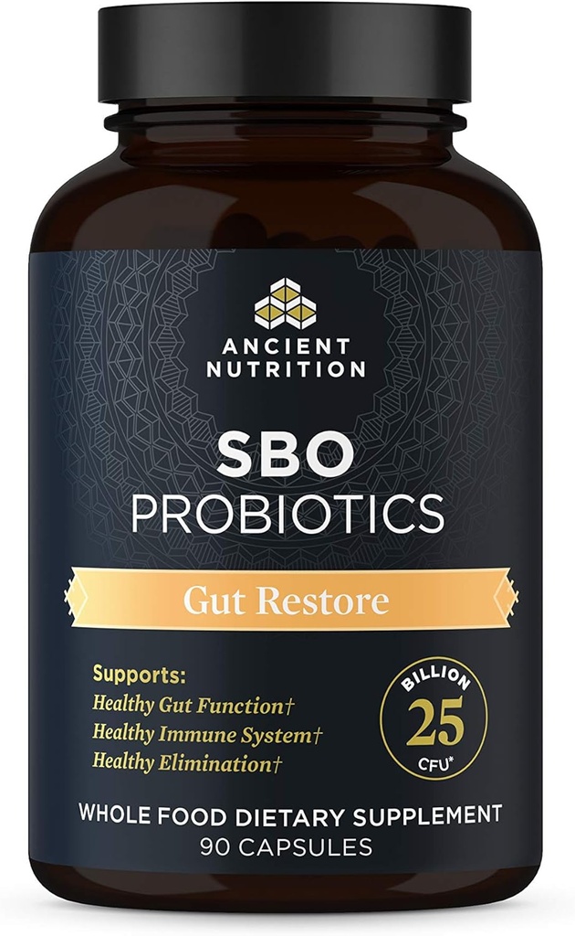 תזונה עתיקה פרוביוטיקה, SBO Probiotics Gut להחזיר 90 Ct, מקדם את בריאות Gut, עיכול ותמיכה Immune, Gluten Free, Superfoods בלנדר, 25 מיליארד CFUs* Per Serve, 90 קפסולות