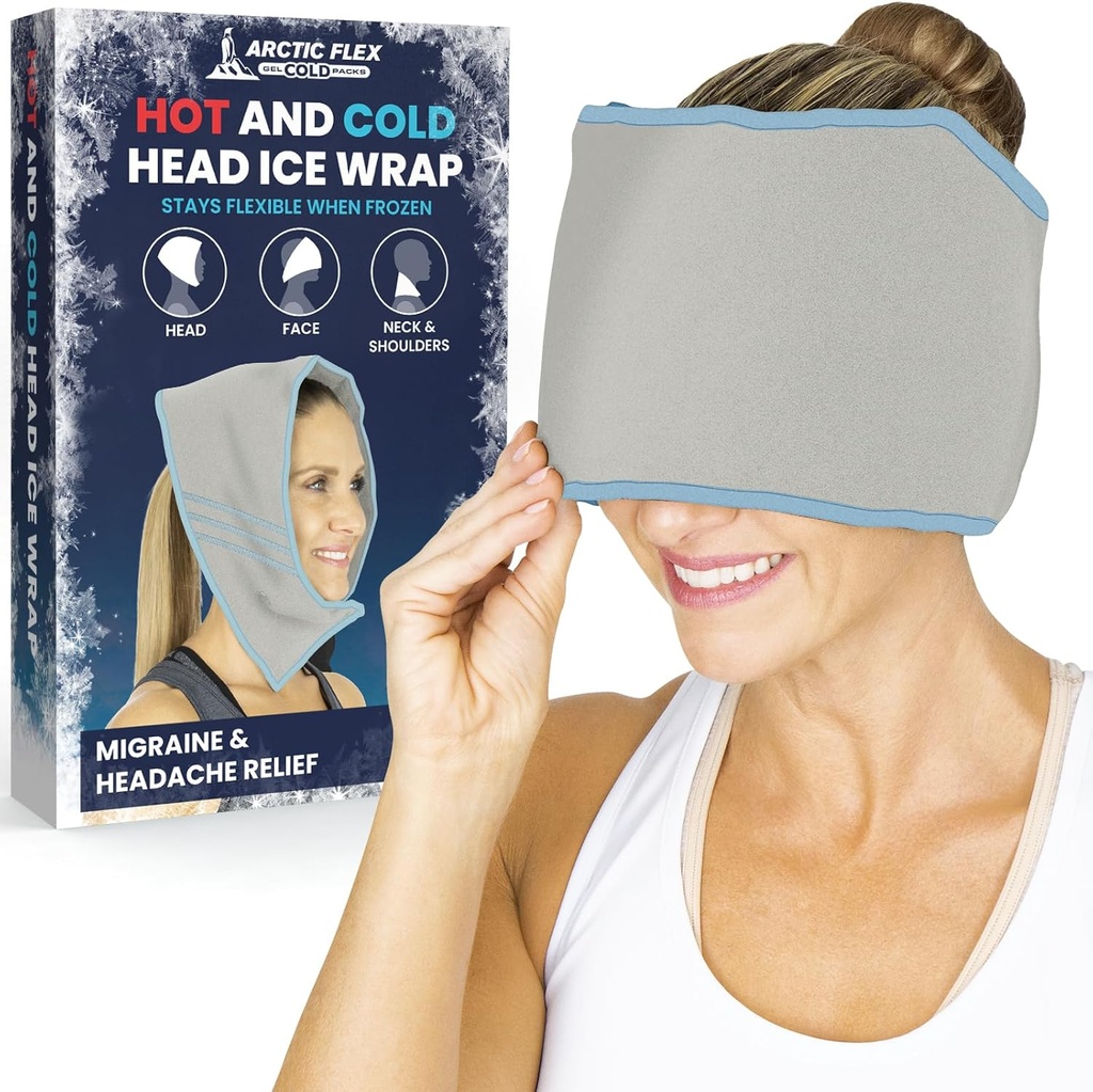 האותיות הקטנות של Arctic Flex Migraine Head Ice Head Wrap - Headaches Ice Pack Cap - Cold & Hot Gel Hat Eye Mask for Injuries to Neck, Shoulder Tension Pain - Freeze, Heat - Kid, Men, Women