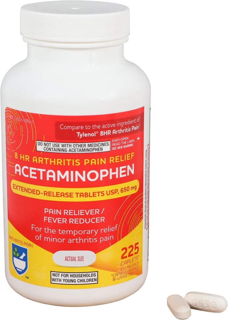 Rite Aid Acetaminophen 650 מ"ג דלקת פרקים מורחבת Caplets - 225 Count