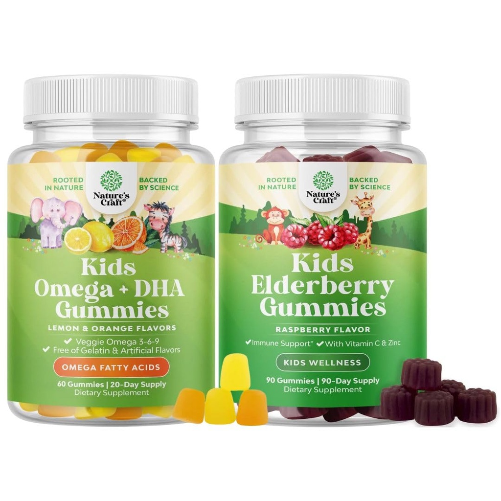 Bundle של ילדים DHA אומגה 3 חניכיים - Fatty Acids אומגה 3 6 9 עבור המוח Immune כוח וחזון - תזונה DHA ו Sambucus Elderberry חניכיים לבריאות ילדים - Zinc & ויטמין C עבור תמיכה Immune