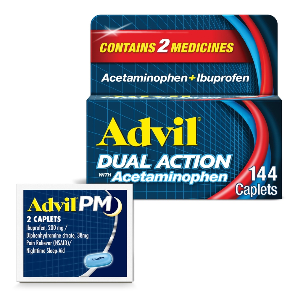 עו"ד פעולה כפולה עם Acetaminophen ו Ibuprofen (2 Dose Equivalent) עבור 8 Hour Pain Relief, Coated 144 Ct Caplets ו 2 Ct.