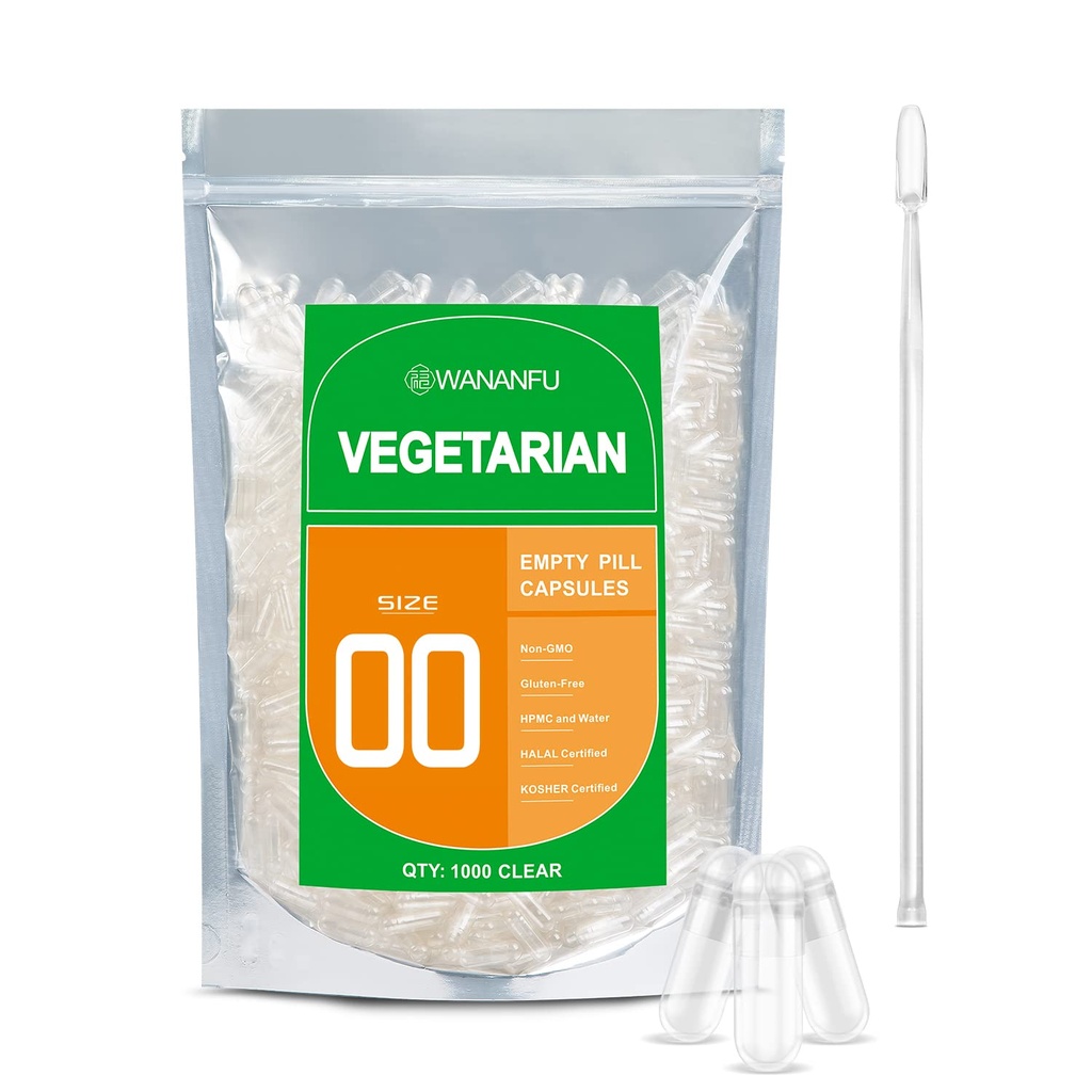 גודל wnanfu Size 00 קפסולות ריקות Vegetarian (1000 Count) Bundle עם מיקרו מעבדה Spoon, Clear Fillable Veggie גלולות קפסולות 00 להכנת תוספי משלך