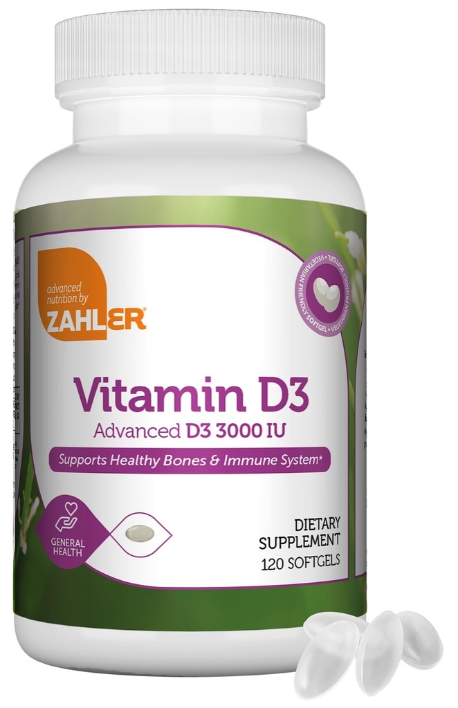 Zahler - ויטמין מתקדם D3 3000 IU Softgels (120 Count) ויטמין Vegetarian Friendly ויטמין D for Immune Support, Bone, שיניים ובריאות השרירים - כל העת D3 ויטמין למבוגרים - Easy Swallow.
