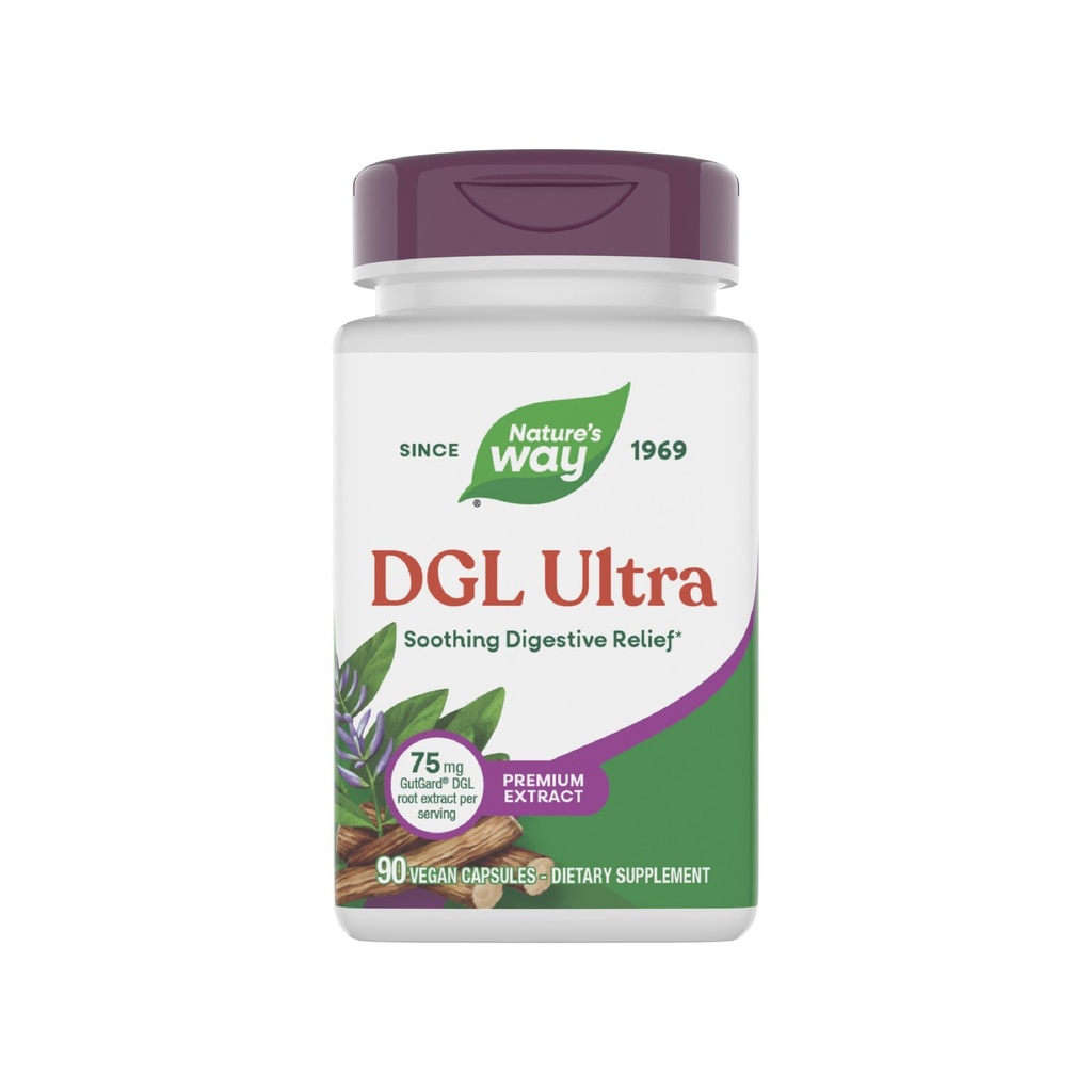 Nature's Way DGL Ultra, Premium Licorice Root Extract, Soothing Digestive Relief*, עם GutGard, 75 מ"ג לשרת, No Gluten, 90 קפסולות טבעוניות (Packaging May Vary)