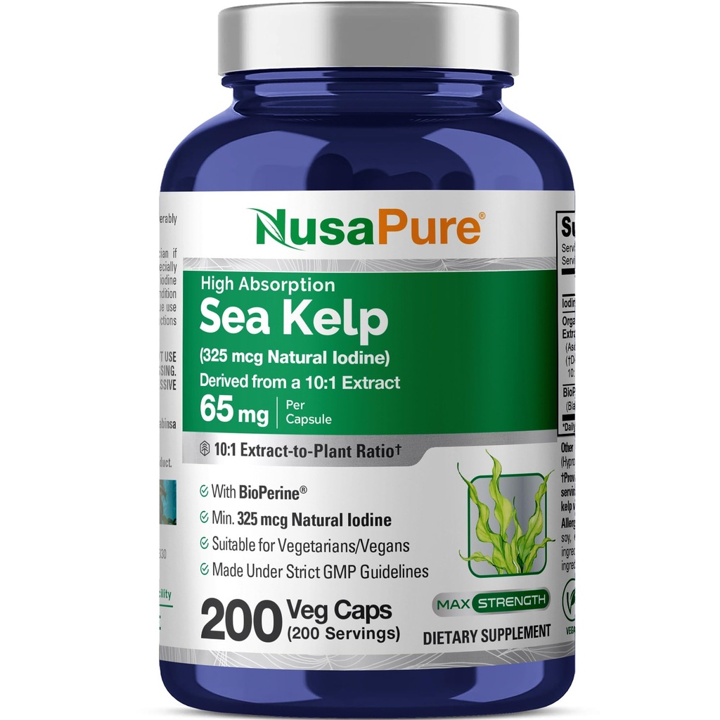 NusaPure Sea Kelp Natural Iodine 325mcg 10:1 לחלץ, 65 מ"ג Equivalent to 650 מ"ג קפסולת 200 הרוזן (Non-GMO, טבעוני)