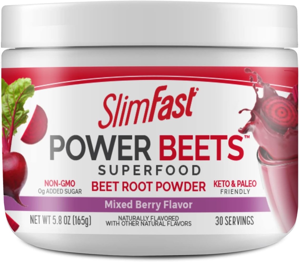 SlimFast Beet Root אבקת, Beets אבקת Superfood, משקאות צמחיים מפורשים, Keto & Paleo Friendly, non GMO, Great Smoothie Mix-Power Beets מעורב ברי פלבדור 30 משרתים (Pack of 1)
