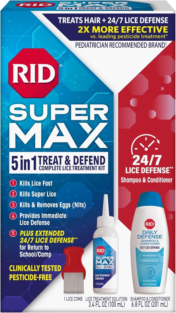 RID Super Max Lice Treatment Kit, Kills Lice & Super Lice & Eggs + 24/7 Lice Defense, Pesticide Free, 3.4 FL OZ פתרון + 6.8 FL OZ Daily Defense Shampoo & Conditioner + Nit Removal Combal Combbbbal, 3.4 FL