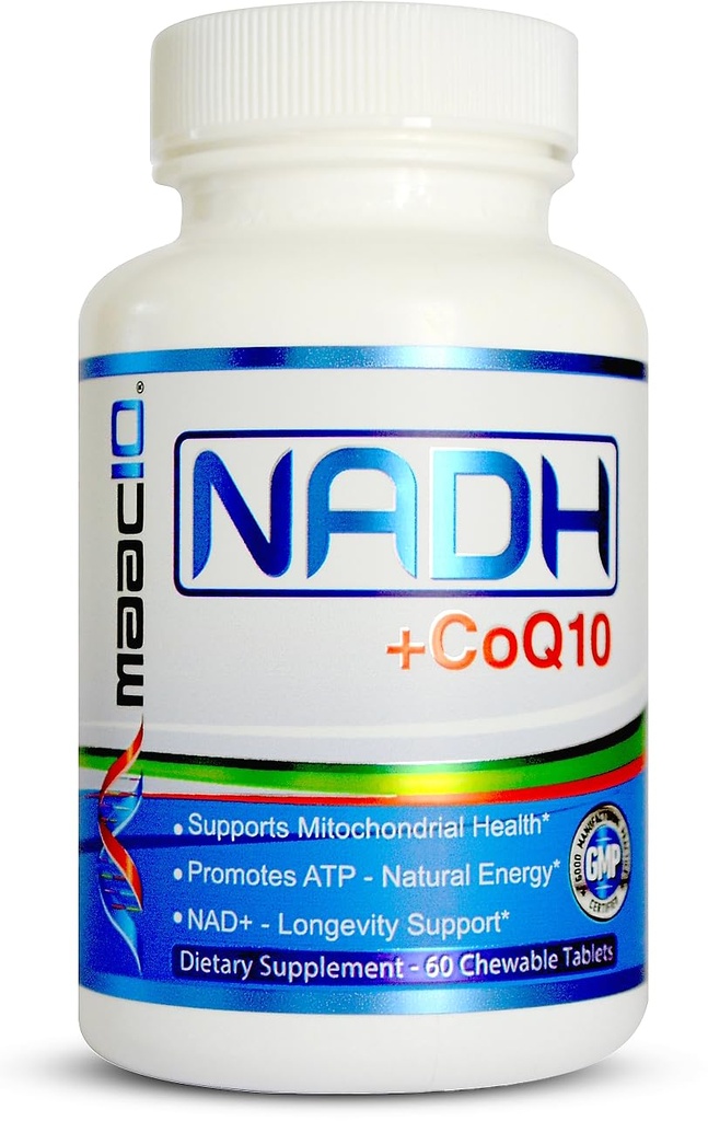 MAAC10 NADH + CoQ10 תוסף | Great Tasting Chewable Tablets | 50 מ"ג PANMOL® NADH + 100 מ"ג CoQ10 | עבור Fatigue, Energy and Mental Focus | NAD+ תוסף (60 טבליות 2 לכל משרת)
