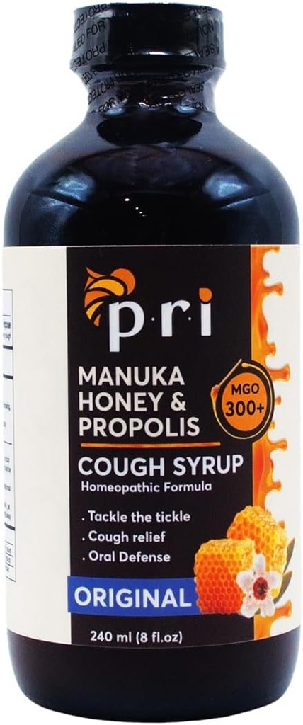 P.R.I טבעי יבש Cough Syrup with Manuka Honey, Propolis, Tea Tree Oil ווויטמין C - Sore גרון & Immune Support, Original Flavor, 8oz