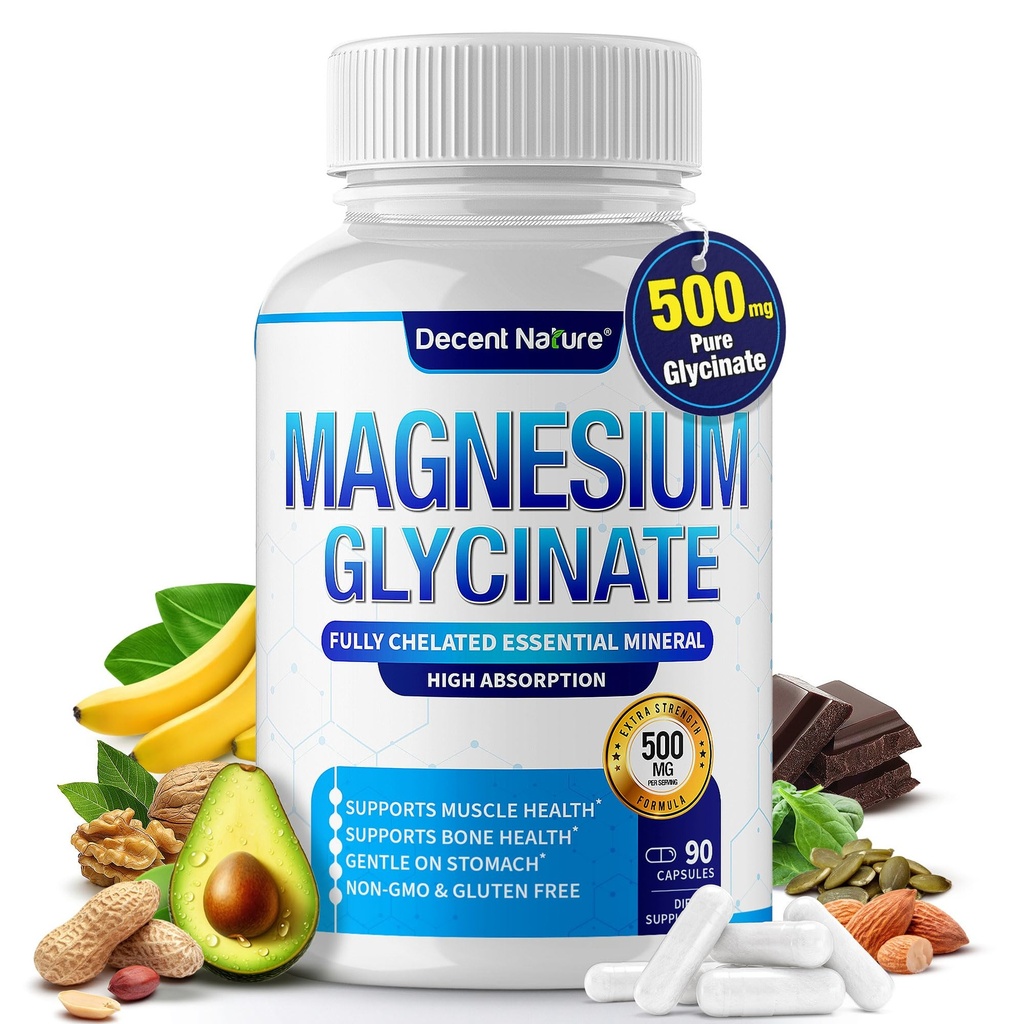 Magnesium Glycinate 500 מ"ג מגנזיום תוסף - צ'אד עבור High Absorption & Bioavailability תמיכה בשינה, שריר, עצמות, Cramps, Recovery & Energy, טבעוני Non-GMO 90 קפסולות