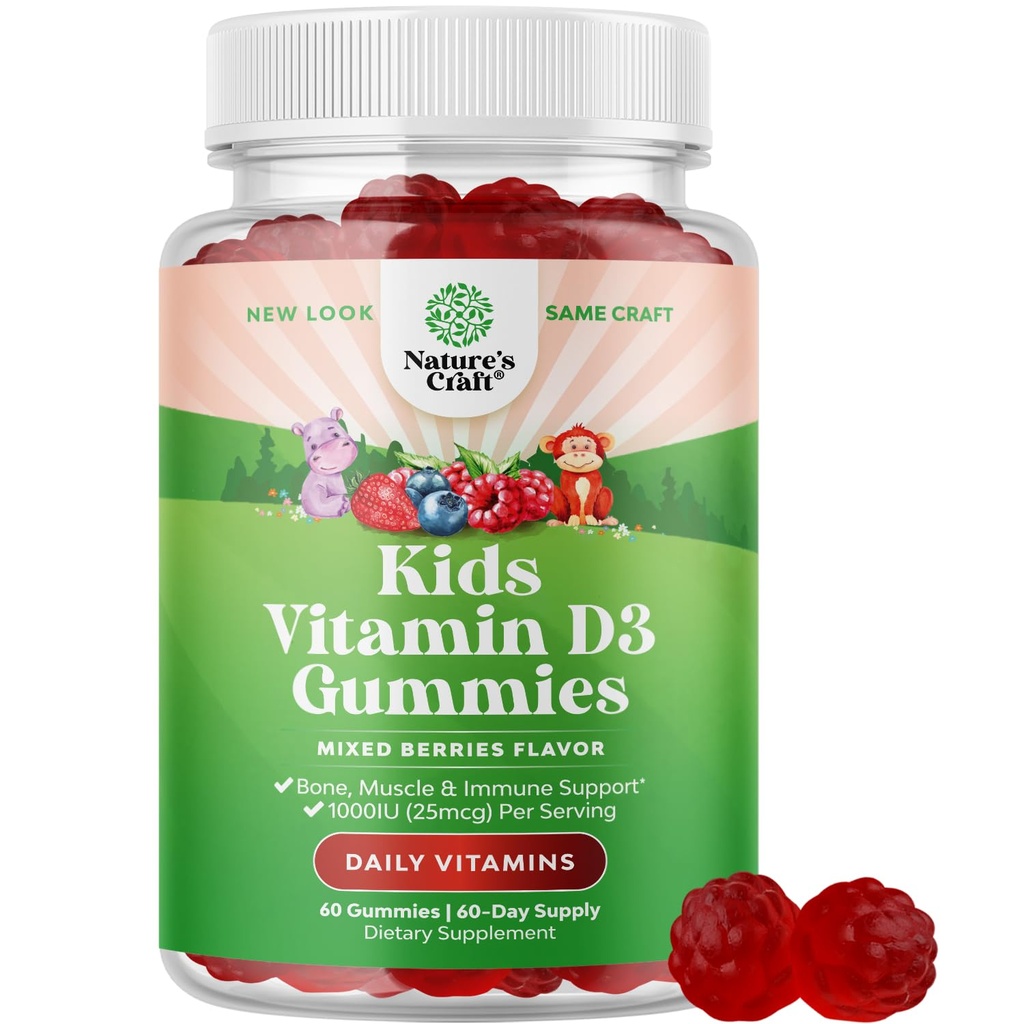 ויטמין D Gummies לילדים - ויטמין D 1000 IU Per משרת - טודילרים Immune Support Gummies - Berries Flavored תוסף עבור עצמות בריאות ושרירים - Gelatin חינם - 60 צ'יפס