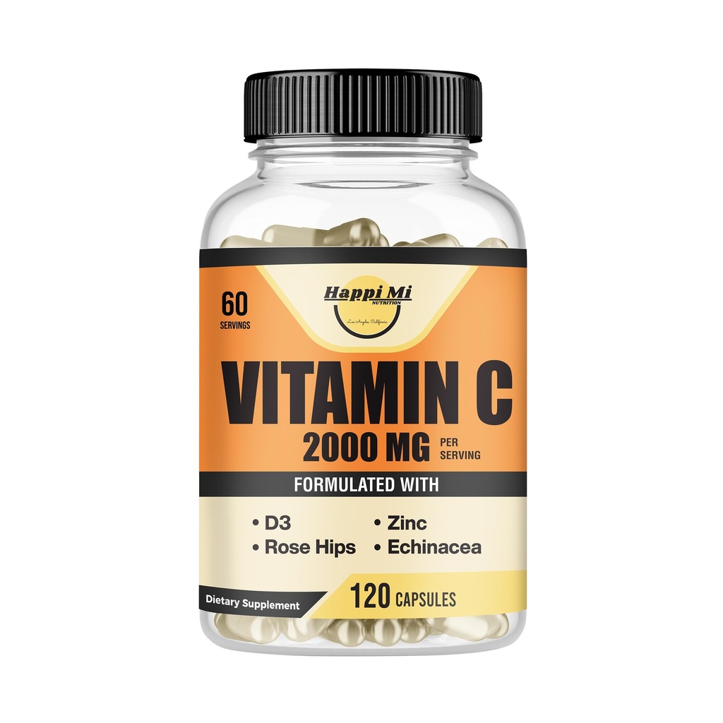Vitamin C 2000mg per Serving with Zinc 40mg & Vitamin D3 5000 IU – Echinacea Extract & Rose Hip – 120 Vegan Capsules, 60 Day Supply, Non-GMO, No Fillers