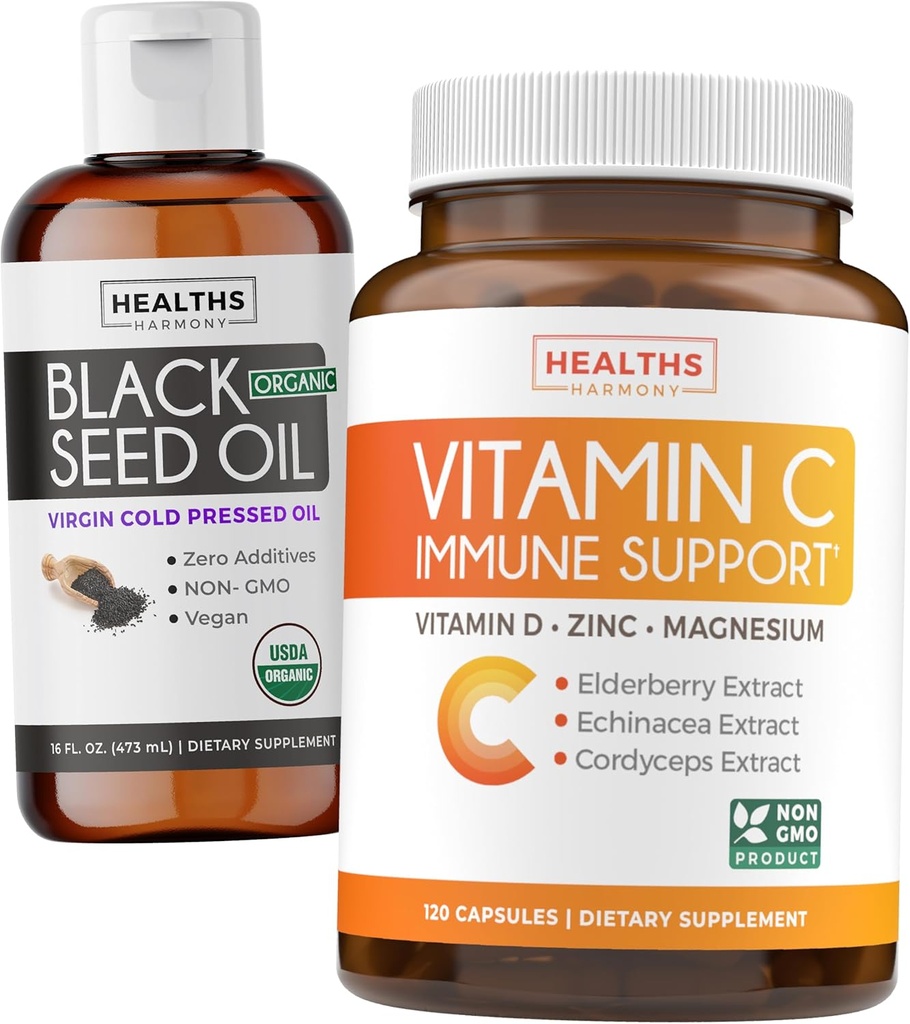 Black Seed Oil נוזלי & Immune Support (2-Month Supply) Immune Maximiser Bundle - Black Seed Oil נוזלי (16fl.oz) Premium Cold-Pressed Clack Cumin Seed Oil & ויטמין C Immune Support (120 Veg Caps)