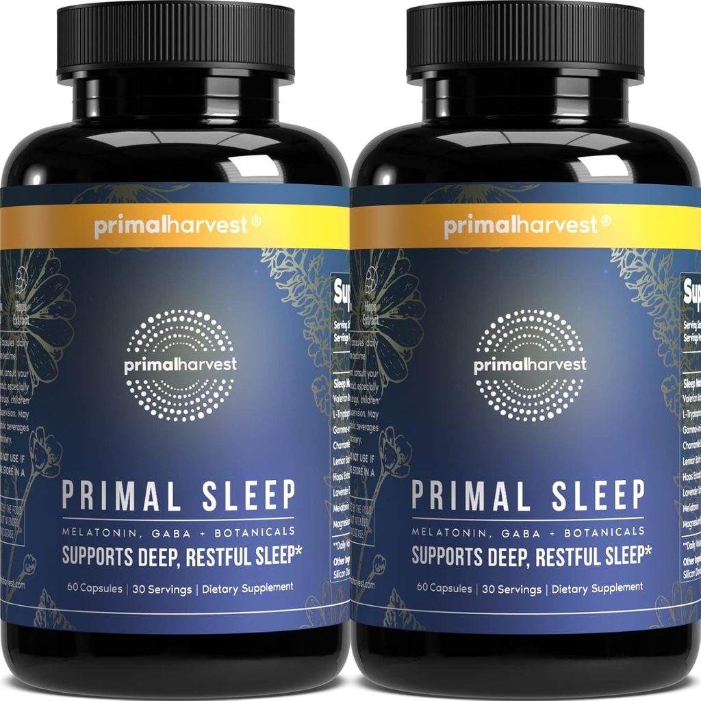Primal Harvest 2 Pack, Primal Sleep, 120 קפסולות עם Valan Root, L-Tryptophan, GABA, Chamomile, ומלטונין 3 מ"ג