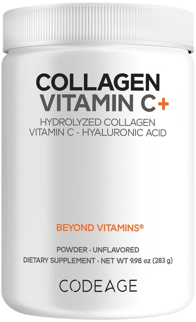 Codeage Collagen Peptides אבקת + ויטמין C - 20g Grass-Fed Collagen Per המשרתת - Enzyive Enzymes, Hyaluronic Acid, 18 Amino Acids - חלבון קולאזן מופחת - non-GMO, Unflavored - 9.98 ozozozuroonic Acid