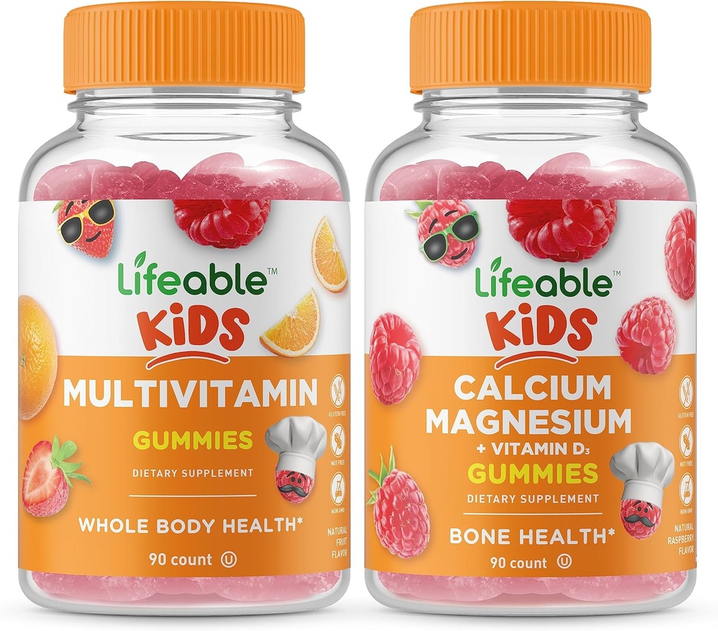 חיים רב ויטמין ילדים + Calcium Magnesium ילדים, חניכיים Bundle - גדול Tasting, ויטמין תוסף, Gluten Free, GMO חינם, Chewable Gummy