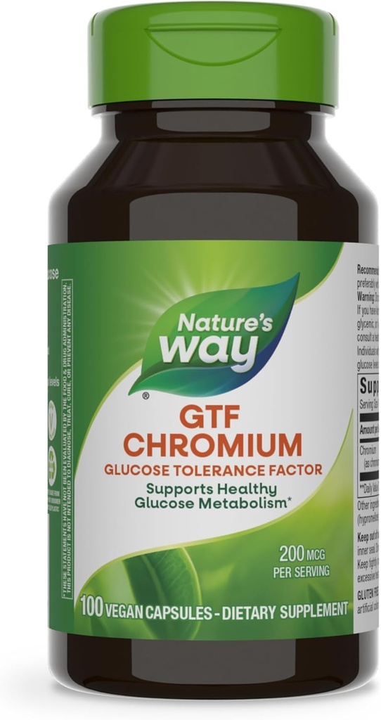 דרכו של הטבע GTF Chromium, Glucose Tolerance Factor, תומך במטבוליזם Glucose בריא, 200 mcg Chromium לשרת, 100 קפסולות טבעוניות (Packaging May Vary)