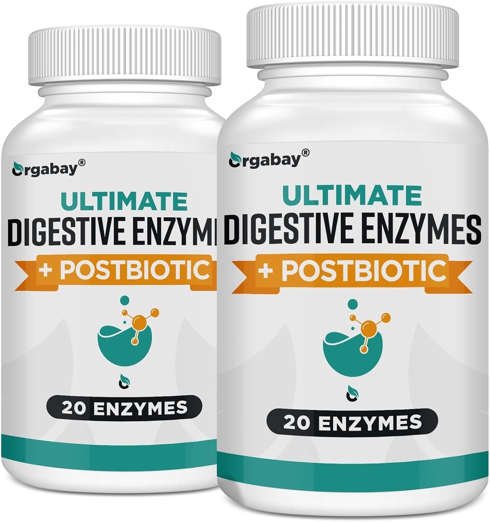 Orgabay Digestive Enzymes 1000 מ"ג עם Postbiotics, 20 Enzyme בלגן עבור Bloating, Optimal Digestion ו- Gutfunction, 120 Veggie קפסולות