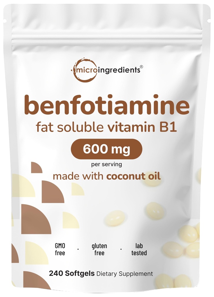 Micro Ingredients ויטמין B1 Benfotiamine 600 מ"ג Per המשרת, 240 שמן קוקוס Softgels | תוסף ויטמין B זמינות, המיר ל Active Thiamine | Non-GMO, Soy Free Softgels