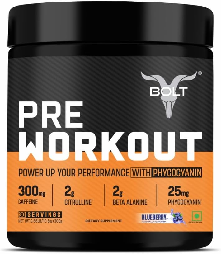 תוספת עבודה מוקדמת עם Caffeine, Citrulline Malate, B-Alanine, טאורין | Explosive Energy, Pump & Focus | 300g,30 מנות | Blue Berry Blast