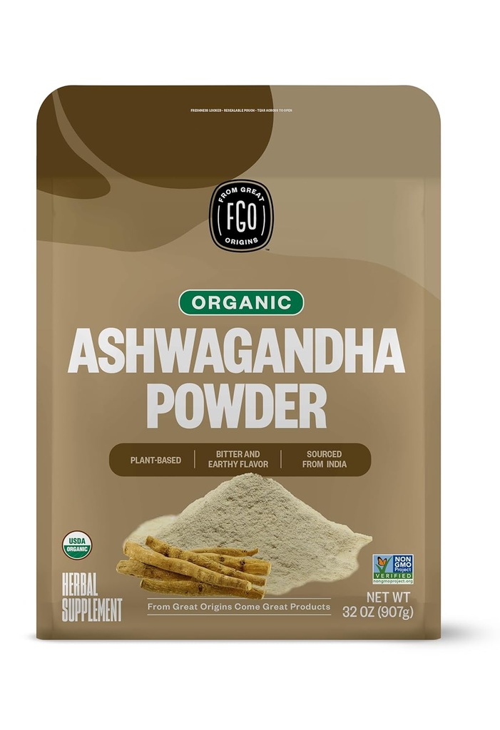 FGO Organic Ashwagandha Root אבקה, 32oz Resealable Bulk Bag, non-GMO, Indian גינזנג, Withania Somnifera, שמקורו בהודו (Pack of 1)