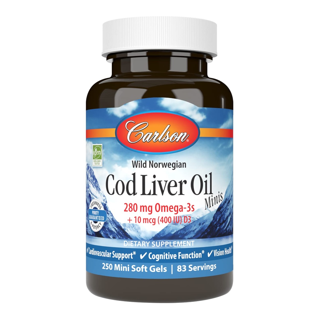 קרלסון - Cod Liver Oil Minis, 280 מ"ג אומגה 3s + ויטמינים A & D3, Heart Support & Cognitive Function, Vision Health, 250 Mini Soft Gels