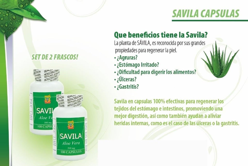 Nutrisalud Products Capsulas de Savila, Aloe Vera Capsules 500mg. Set de 2 frascos 100 capsulas CADA uno.Efectivo Contra ulceras,agruras,mala Digestion,Colitis,estreñimiento.Dura mas de 3 Meses.