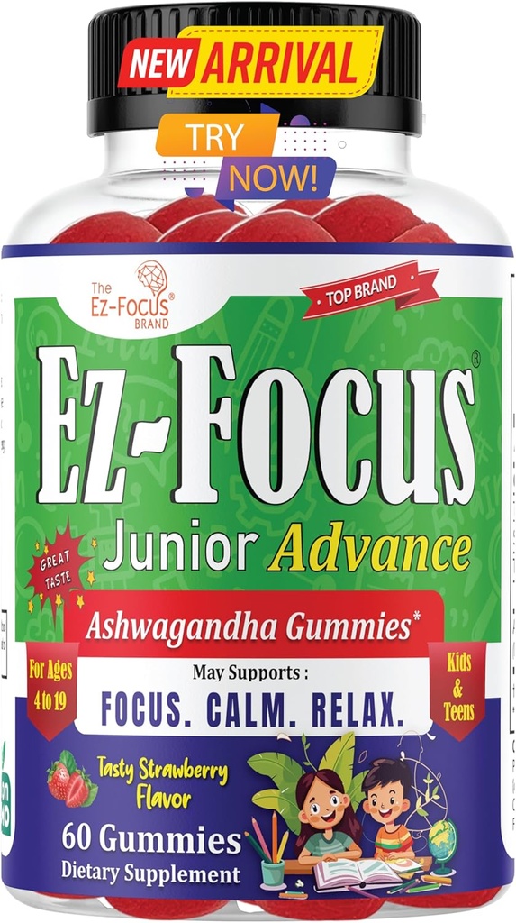 ג'וניור Ashwagandha Gummies for Kids & Teens | Calm, Focus &lax Support | טבעוני, non-GMO, Low Sugar Strawberry Flavor תוסף