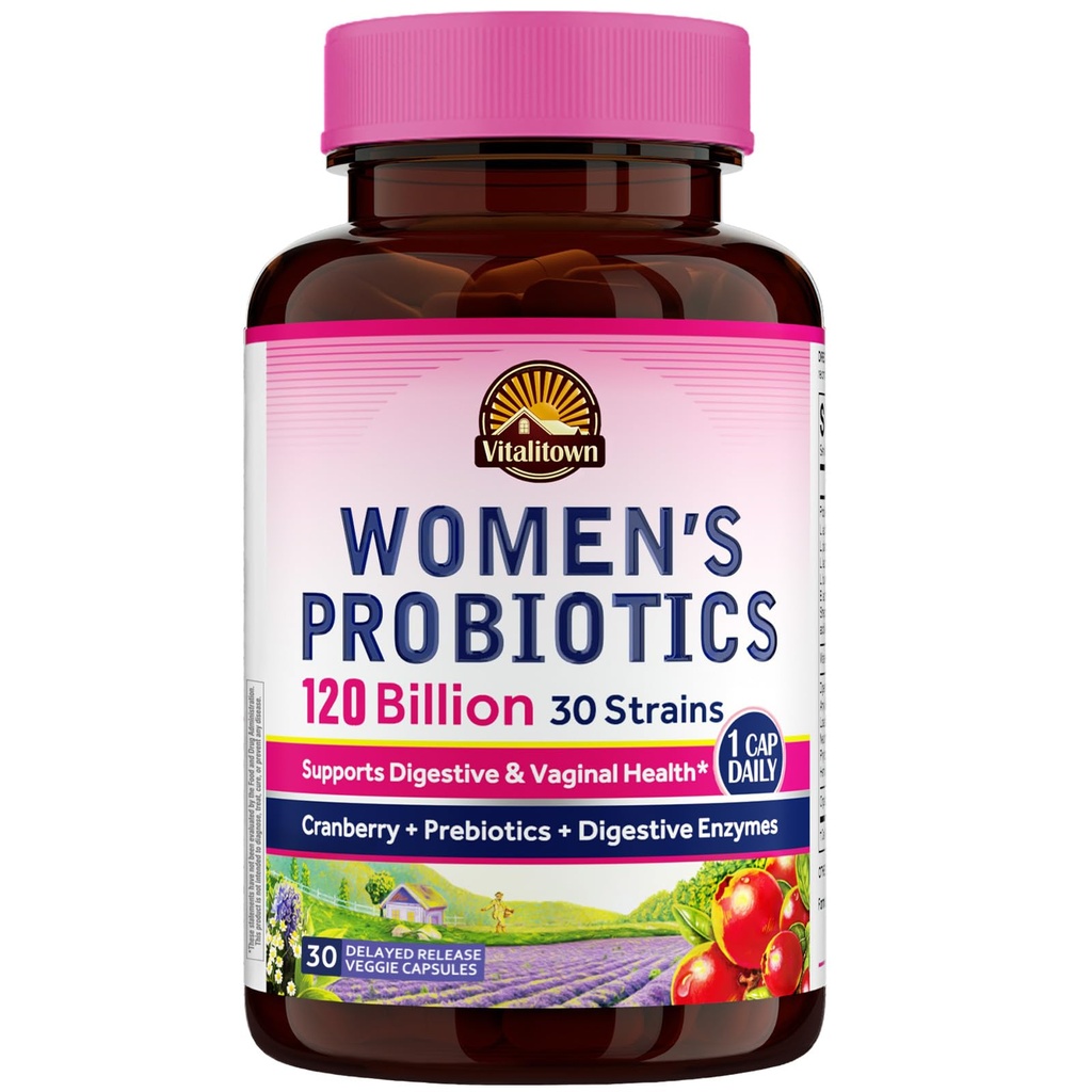 Vitalitown Probiotics for Women 120 מיליארד CFUs, 30 סטרינס, עם Prebiotics & Digestive Enzymes & Cranberry, Gut & Vaginal Health, טבעוני 30 נדחה שוחרר Caps