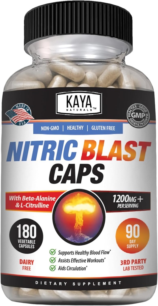 Kaya Naturals - Nitric Blast Potent All-Natural Herbal תוסף עבור יתרונות בריאותיים מקסימליים | Pre-Workout | אנרגיה מוגברת | שיפור ביצועים בשעות הלילה (180)