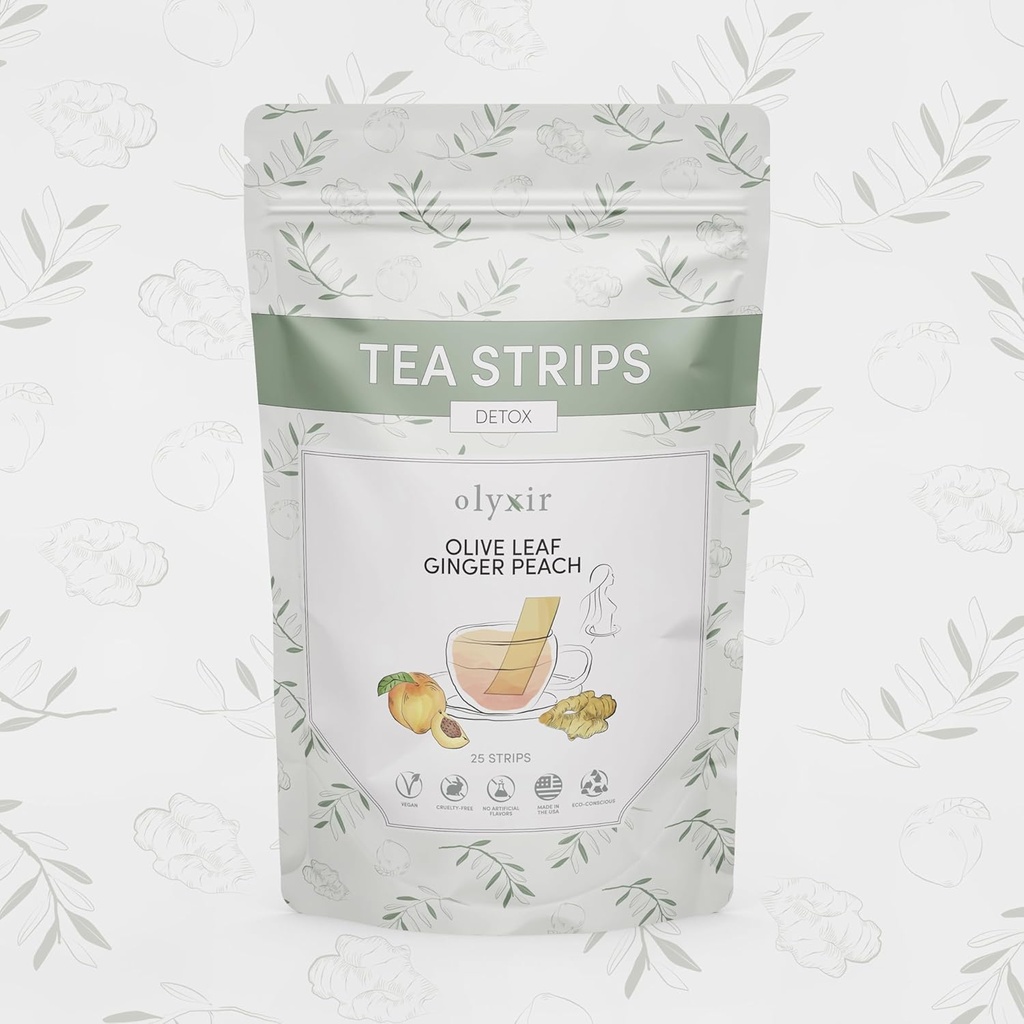 Olyxir Detox Tea Strips - Natural אוליב Leaf, ג'ינג'ר, & Peach Flavors - מיידי, אנרגיה, אורגני, Paleo, טבעוני, non-GMO | 25 Ct