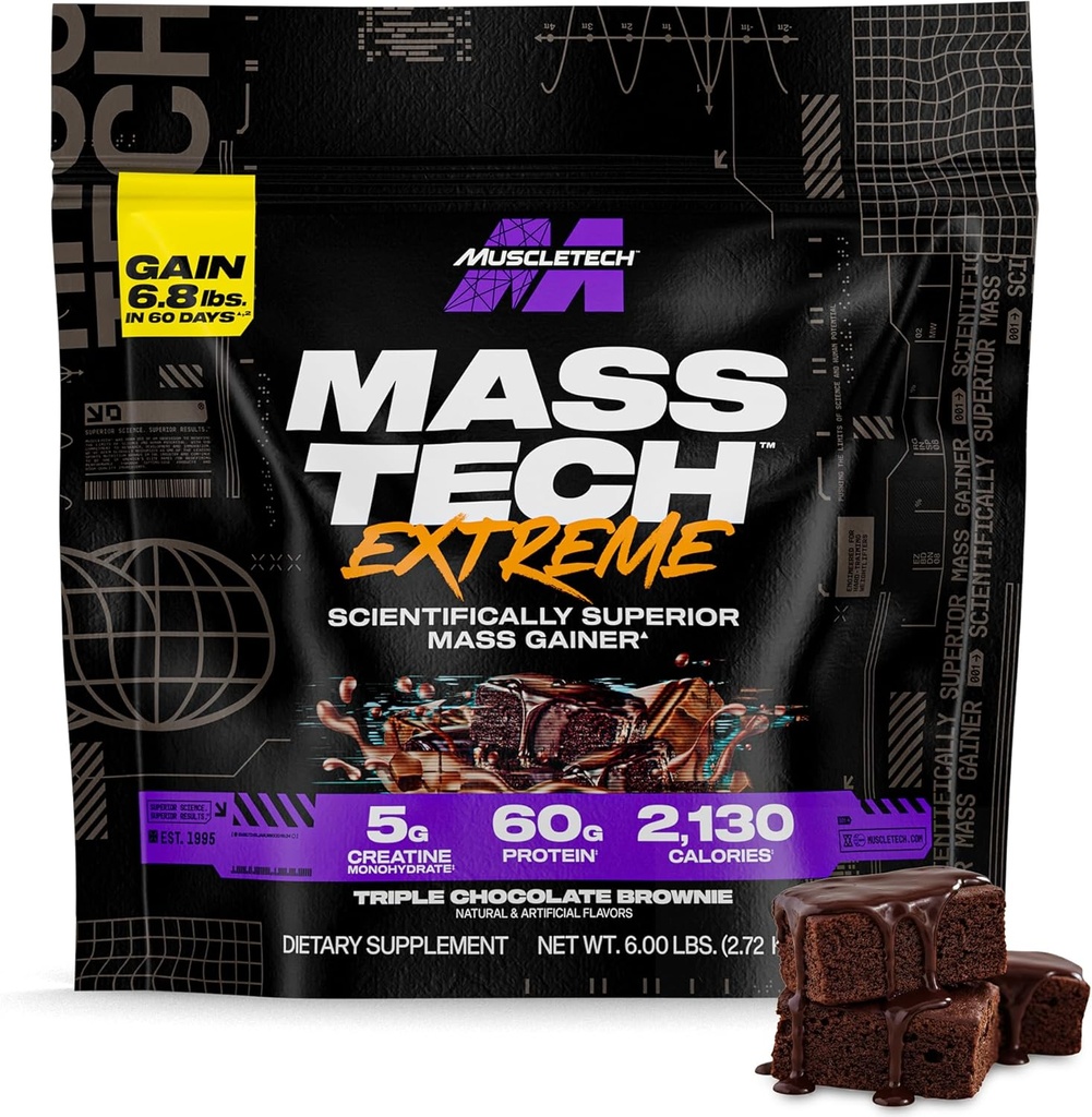 הורמון ההיי-טק High-Protein Mass Gainer (Triple Chocolate Brownie, 6LB) - Mass Tech Extreme 2000 Mass Gainer אבקת חלבון תוספת - מקבל משקל עבור הגדלת שריר, שיפור התאוששות וכוח