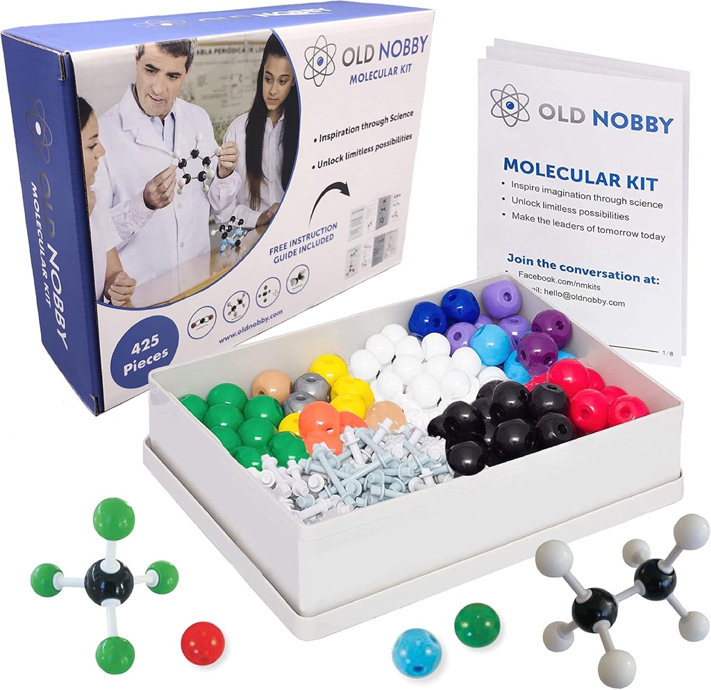 Old Nobby Organic Chemistry Set (425 PC) Molecular Model Kit with Atoms, Bonds, Guide, Bond Removal Tool - STEM Science Kits for Kids Toys for Kids Toys for Students Young Scientists