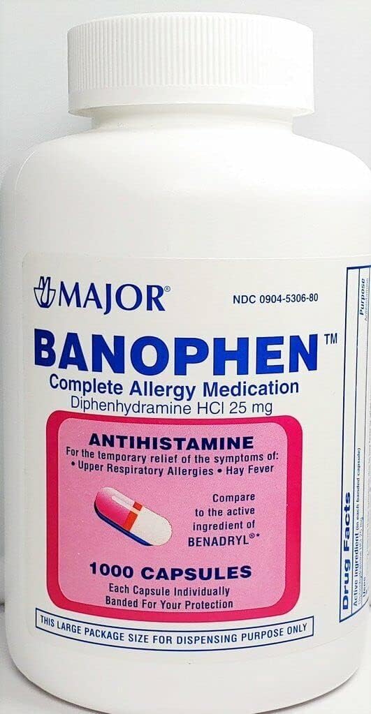 Major Banohpen - תרופה אלרגיה מלאה - Diphenhydramine HCI 25 Mg - Antihistamine - 1000 קפסולות (1 Pack)